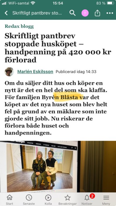Tidningsartikel om pantbrev som stoppade ett husköp, med bild på två personer inomhus.