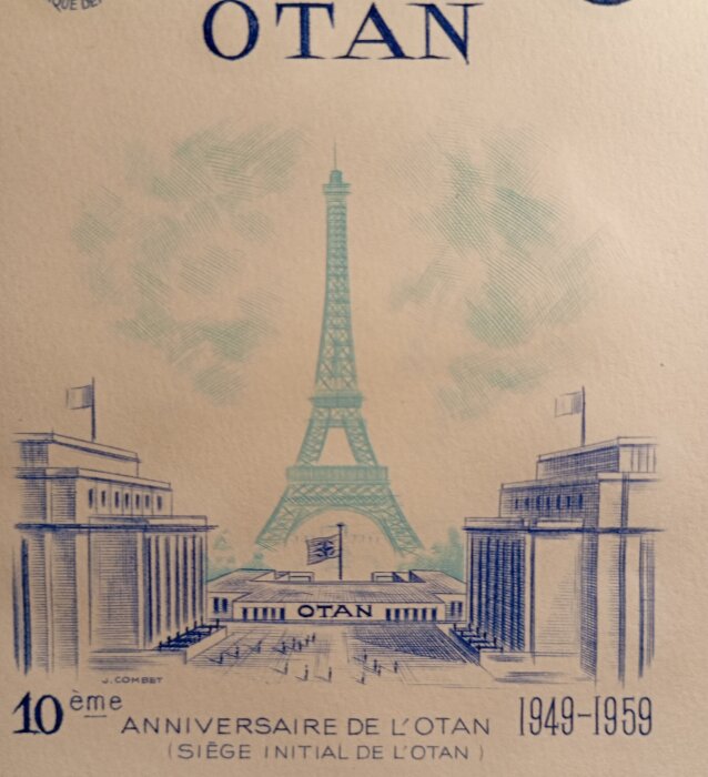 Affisch för 10-årsjubileet av Nato (OTAN) med Eiffeltornet i bakgrunden, årtalen 1949-1959 och byggnader med flaggor.