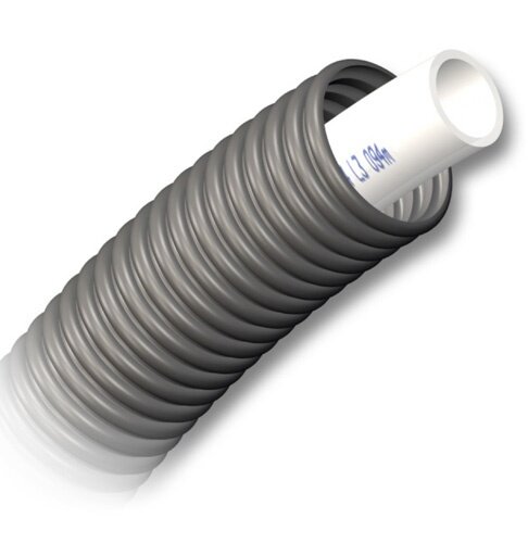 Grått flexibelt rör med vit innerslang, troligtvis ett universalrör av typen PE-X, visat i uppförstoring.