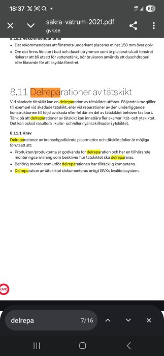 Skärmbild av GVKs dokument om tätskiktsdelreparationer i våtrum, med text om krav för delreparationer av tätskikt.