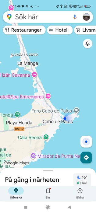 Karta över La Manga, Spanien, med markeringar för hotell och restauranger.