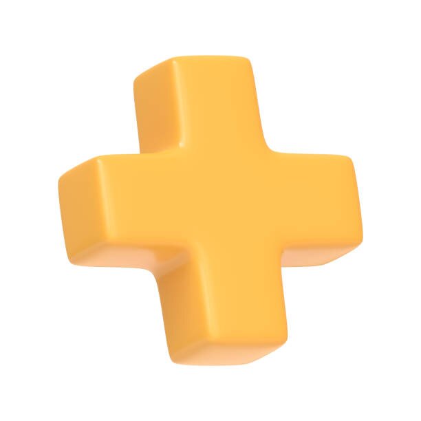 Gult plustecken i 3D-format mot vit bakgrund.