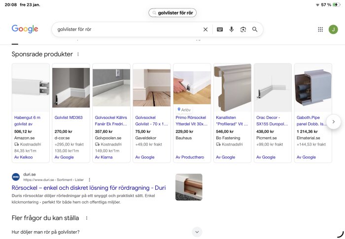 Sökresultat på Google för "golvlister för rör" med flera sponsrade produktannonser och priser.