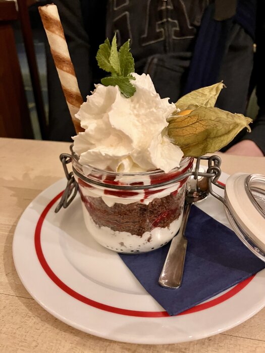 Vegansk dessert i burk med vispgrädde, choklad, bär och garnerad med chokladstång, mynta och physalis på vit tallrik.
