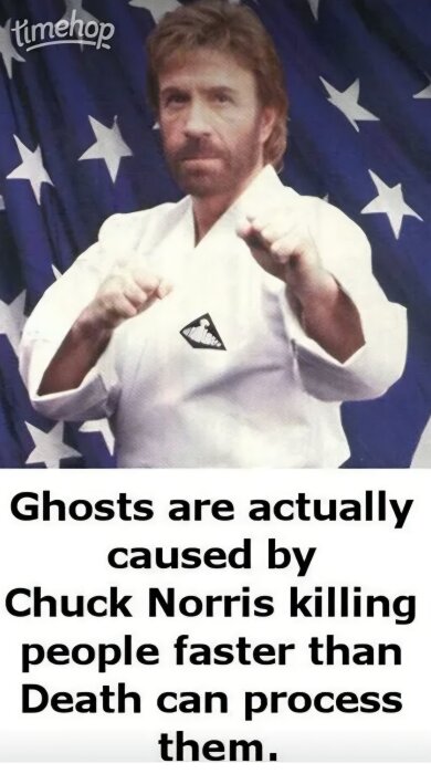 Man i kampsportsdräkt framför en flagga med stjärnor, med texten "Ghosts are actually caused by Chuck Norris killing people faster than Death can process them.