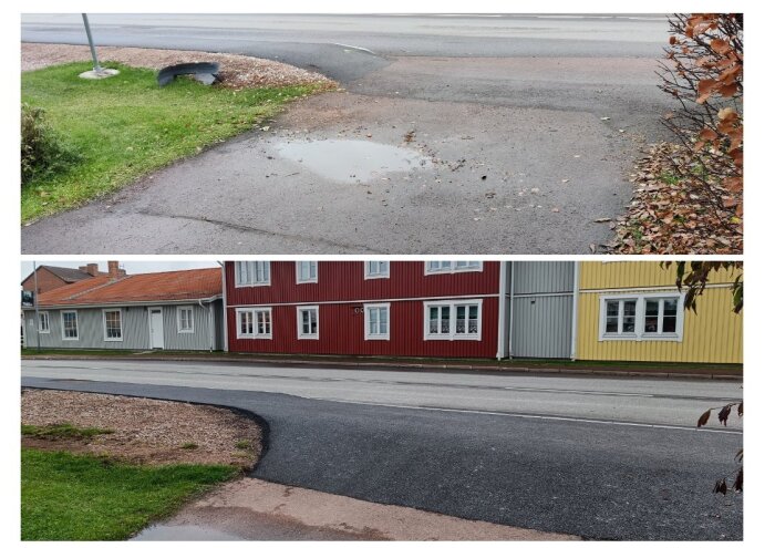 Asfalterad infart med marknivåskillnad och vattenpöl, gång- och cykelväg synlig; hus fasader i bakgrunden.