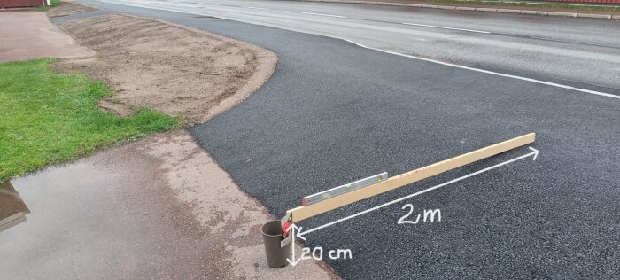 Asfalterad utfart med kraftig lutning markerad, omgiven av mark och gräs. En papperskorg och vattenpass används för att mäta höjd och lutning.