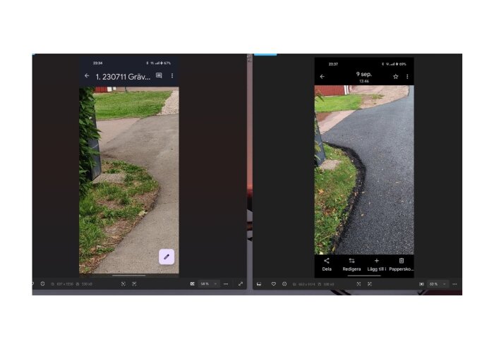 Två bilder som jämför en upphöjd cykelväg vid en infart: före och efter asfaltläggning.