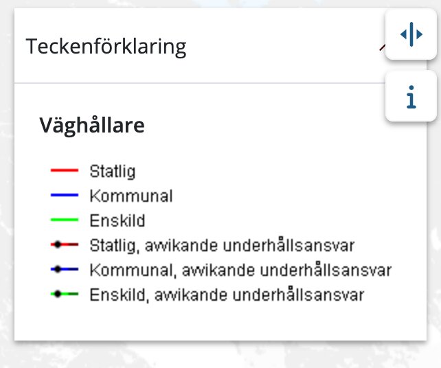 Teckenförklaring för väghållare med färgkoder: statlig (röd), kommunal (blå), enskild (grön), med delat underhållsansvar.