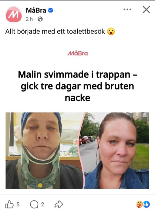 Kvinna med nackkrage på sjukhus, bredvid bild utan krage utomhus, relaterad till en händelse där hon svimmade och bröt nacken.