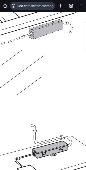 Monteringsbild från IKEA-manual som visar anslutningen av en rektangulär enhet med två slangar och en elektrisk kabel.