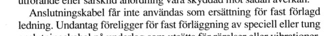 Textstycke som diskuterar regler för användning av anslutningskabel som ersättning för fast installation.