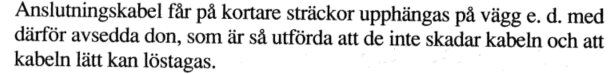 Text som beskriver att anslutningskabel får upphängas på väggar med avsedda don utan att skada kabeln.