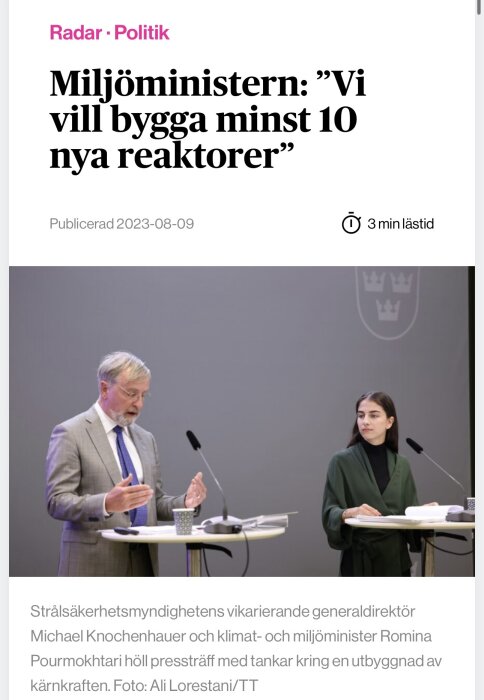 Miljöminister och generaldirektör diskuterar byggandet av minst 10 nya reaktorer vid presskonferens.