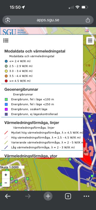 Karta med information om värmeledningsförmåga och geoenergibrunnar, från Sveriges geologiska undersöknings webbapplikation.