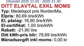 Elektricitetsavtal för november 2025 med specificerade prisdetaljer som elpris, påslag, elcertifikat, rabatt, och slutligt kWh-pris.