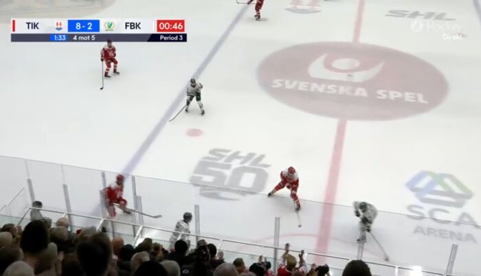 Ishockeymatch mellan TIK och FBK, TIK leder 8-2 i tredje perioden, spelare i röda och vita dräkter på isen framför publik.