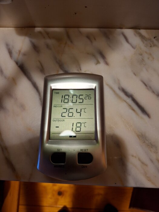 Digital termometer på marmorskiva visar inomhustemperatur 26,4°C och utomhustemperatur -1,8°C kl. 18:05.