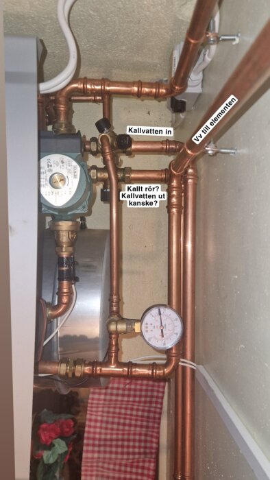 Kopparrör och ventiler i källartak, märkta som "Kallvatten in" och "Vv till elementen", med manometer och energipump.