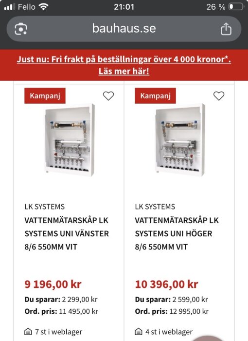 Produktbild av två vattenmätarskåp från LK Systems, "UNI Vänster" och "UNI Höger", med priser och kampanjinformation från Bauhaus.