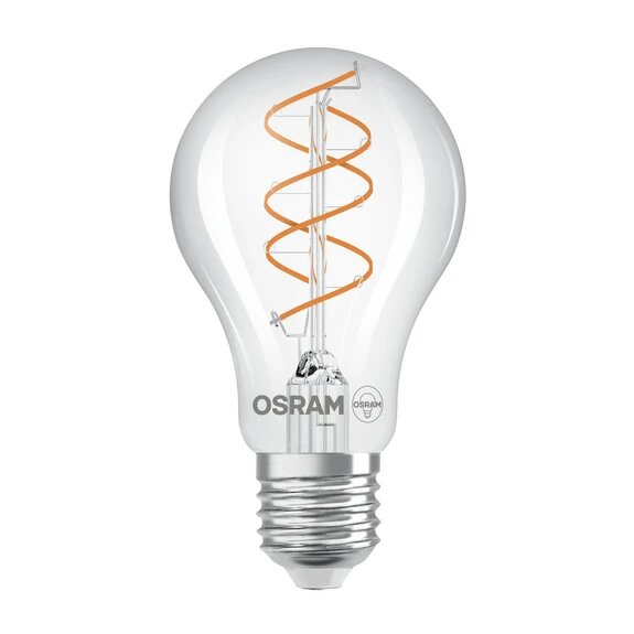 Spiralformad LED-glödlampa med Osram-logga, synlig orange filament i klar glas.