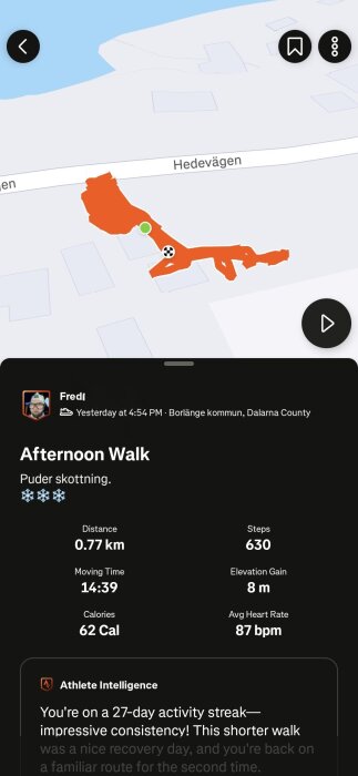 Karta över en eftermiddagspromenad i Borlänge, 0,77 km lång, 630 steg, 8 m stigning. Registrerad av träningsappen.