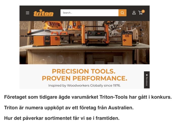Verktygsuppsättning från Triton Tools på en arbetsbänk i en träverkstad, med texten "Precision Tools. Proven Performance.