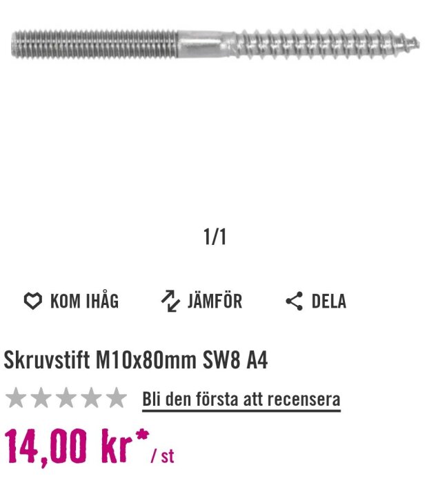 Skruvstift M10x80mm SW8 A4 för byggprojekt, pris 14,00 kr per styck.