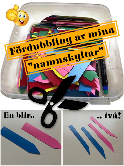 Låda med färgglada namnskyltar och sax, text "Fördubbling av mina 'namnskyltar'". Två bilder nedan visar process där en skylt blir två.