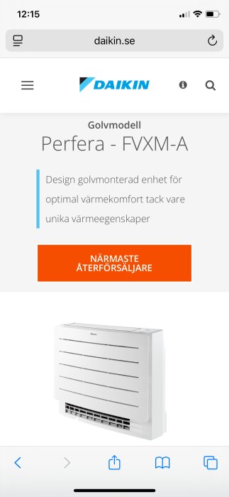 Golvenhet Daikin Perfera FVXM-A med vit frontpanel och horisontella ventilationsspår, visas på webbplats daikin.se.