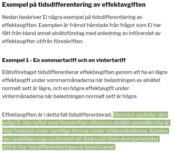 Text om tidsdifferentiering av effektavgiften, med exempel på sommar- och vintertariffer och inverkan på förbrukningsmönster enligt Ei.