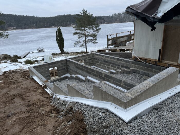 Grund av mursten vid sjö, omgiven av snö och skog. Ett isbelagt vatten syns i bakgrunden, med träd och brygga närvarande.