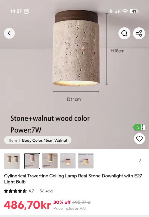 Cylindrisk taklampa i travertin sten och valnötsträ, 7W, mätt D11cm x H16cm, visas på Aliexpress med rabattpris.