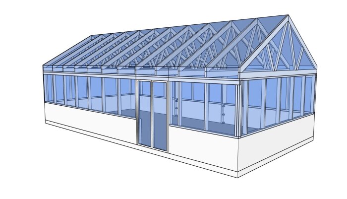 3D-modell av ett växthus med glasväggar och snedtak.