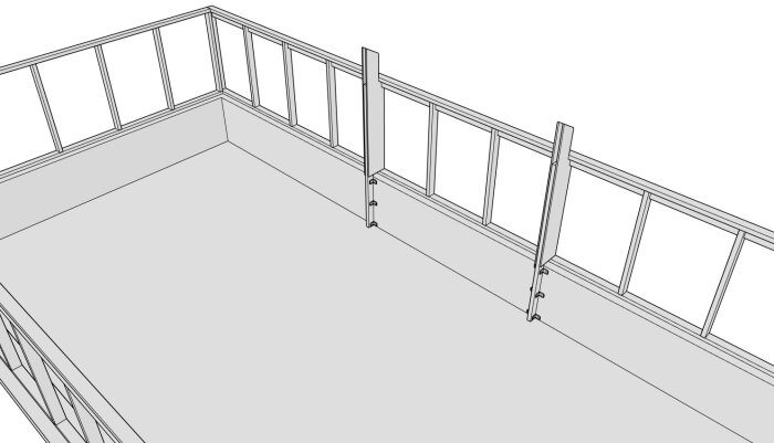 3D-modell av ett räcke eller staketdesign med vertikala stolpar och horisontella paneler, eventuellt för en altan eller balkong.
