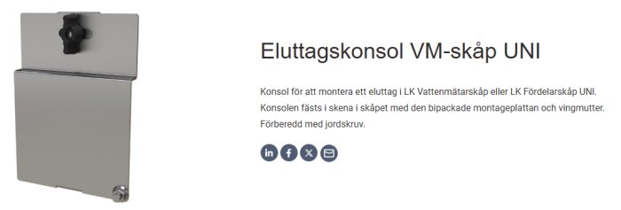Eluttagskonsol VM-skåp UNI för montage i LK Vattenmätarskåp. Monteringsplatta och vingmutter synliga, förberedd med jordskruv.
