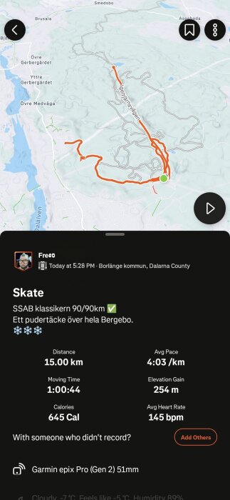 Karta över en skate-rutt i Bergebo, Borlänge, 15 km lång. Visar tempo, tiden 1:00:44, kaloriåtgång 645 och medelpuls 145 bpm.