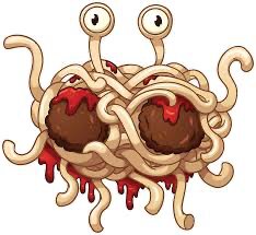 Tecknad figur av ett flygande spaghettimonster med köttbullar och ögon, täckt av tomatsås.