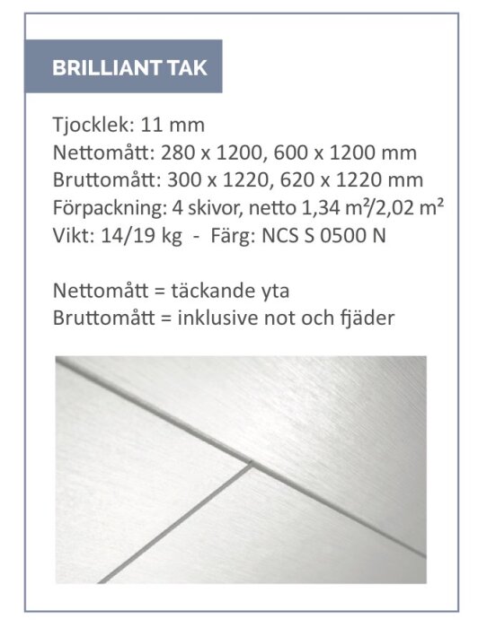 Informationsblad för Huntonit Brilliant takskivor med mått, tjocklek, förpackning och färg; inkluderar nära bild av skivans yta.