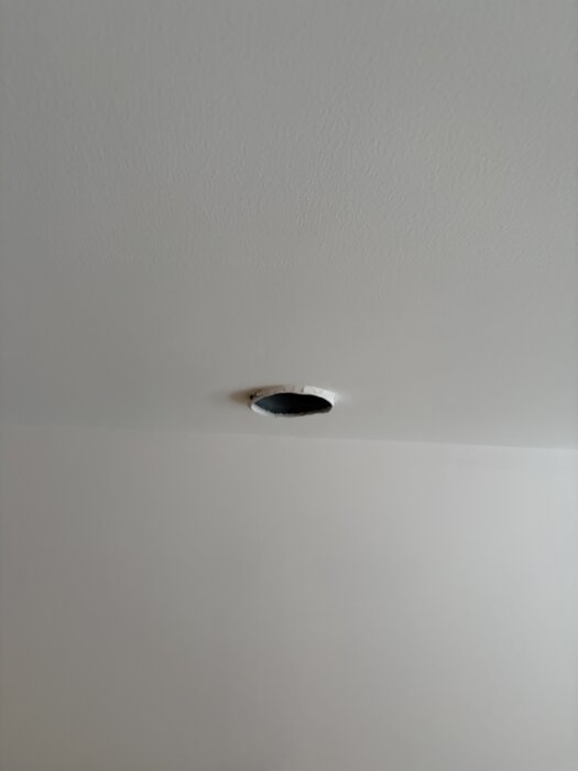 Hål i ett nymålat vitt tak där rör för FTX-system är synliga.
