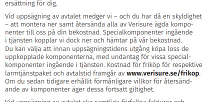 Avsnitt från ett avtal med Verisure om skyldigheter vid uppsägning, inklusive återlämning av komponenter och information om friköp av larmtjänstpaket.