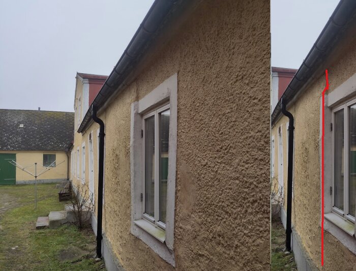 Gul putsfasad med fönster och hängränna. Fasaden lutar något och markeras med röd linje. Bakgrunden visar en innergård och annan byggnad.