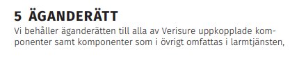 Text om äganderätt där Verisure behåller rätten till uppkopplade komponenter inom larmtjänsten.