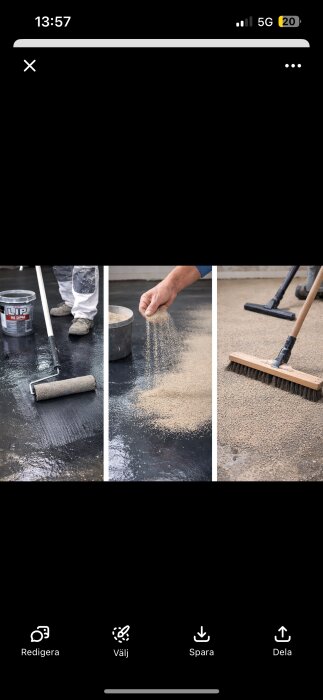 Tre bilder visar applicering av LIP-primer och sand: 
1. Pensling med roller.
2. Sand hälls från hink.
3. Sand sopas med borste.