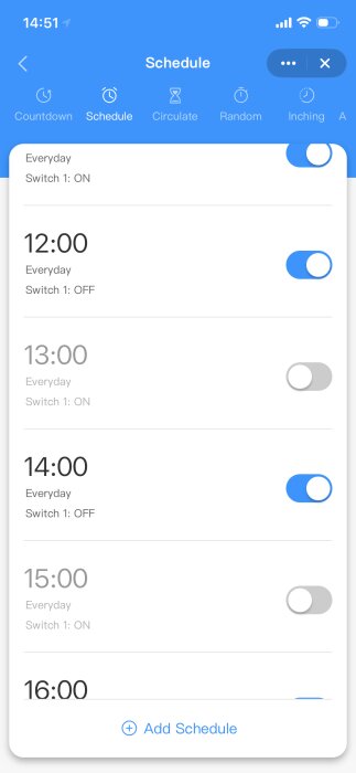 Schema för WiFi-plugg med timerinställningar visar olika tider då switchen är av eller påslagen.