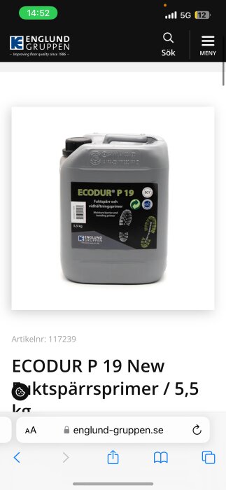 Behållare av ECODUR P 19 fuktspärr och vidhäftningsprimer, 5,5 kg, från Englund Gruppen.
