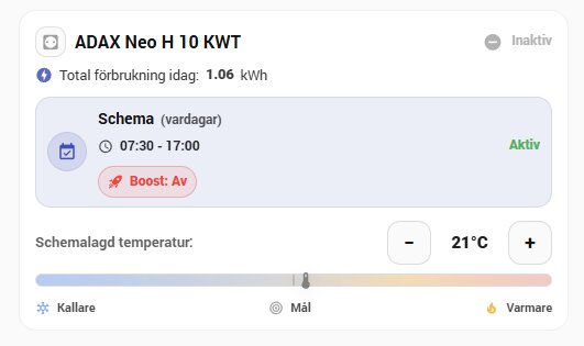 ADAX Neo H 10 KWT värmemodus inaktiv, total förbrukning 1.06 kWh, schema aktivt 07:30-17:00, boost av, måldemperatur 21°C.​​