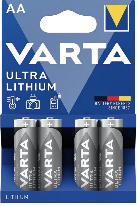 Förpackning med Varta Ultra Lithium AA-batterier.