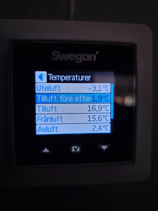 Display av en Swegon Casa R7-H visar olika lufttemperaturer: uteluft, tilluft före eftervärmare, tilluft, frånluft och avluft.