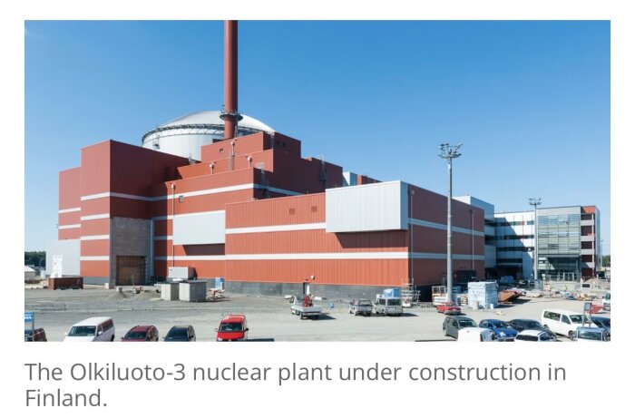 Byggarbetsplats med en stor kärnkraftverksbyggnad i röd och grå färg, omgiven av bilar och material under en klarblå himmel.